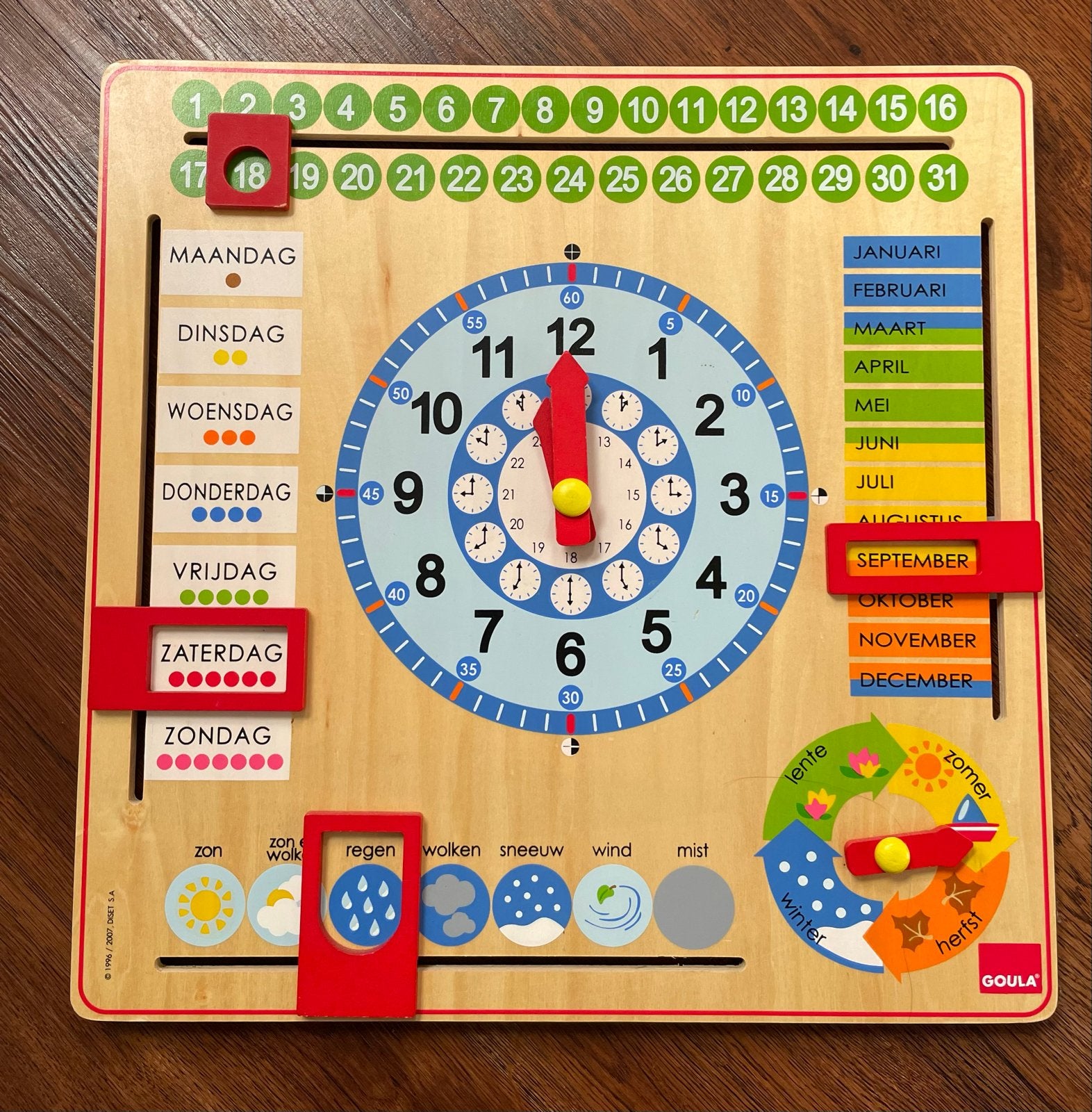 Houten educatief bord: kalender, klok, weer en seizoenen, Ophalen of Verzenden, Gebruikt, Taal en Lezen