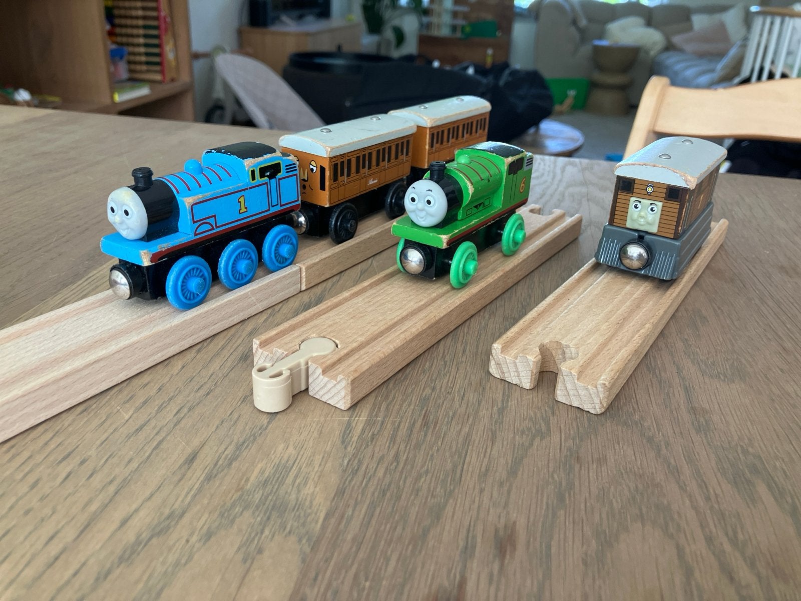 Thomas, Annie & Clarabel, Percy en Toby houten treinen, Ophalen of Verzenden, Gebruikt, Duw- of Trekspeelgoed