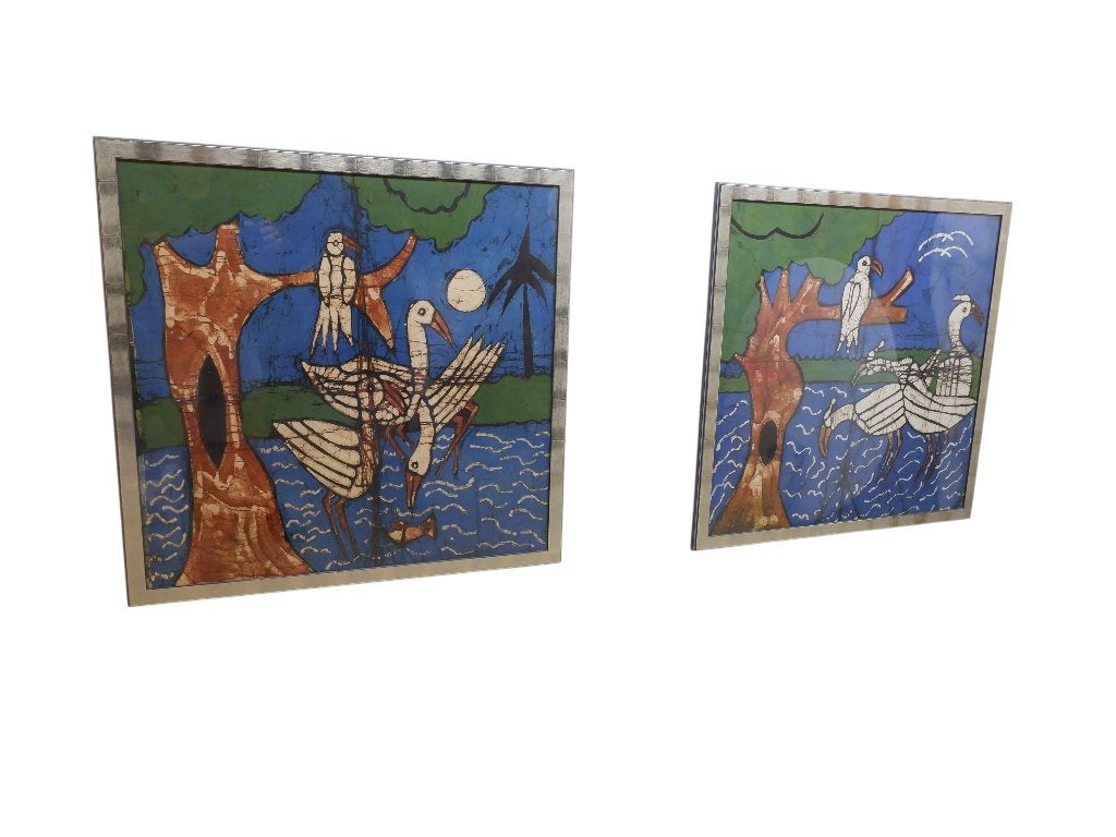 Set van 2 Batik kunstwerken 84x86cm, Ophalen, Overige stijlen, Doek, Dieren