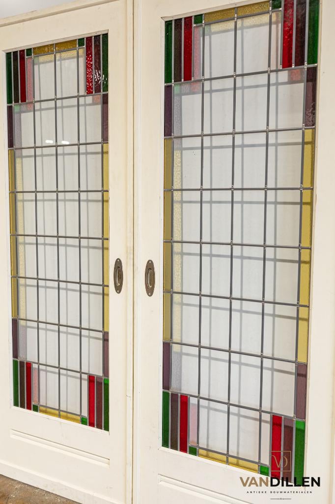 Set antieke ensuite schuifdeuren glas in lood 213.5 x 82, 120 cm of meer, Binnendeur, Ophalen of Verzenden, Zo goed als nieuw