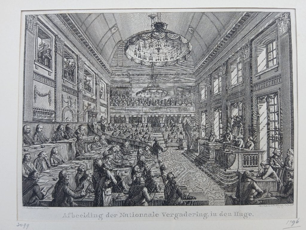 Kopergravure 1796 Ridderzaal ’s-Gravenhage (Bke-93), Antiek en Kunst, Kunst | Etsen en Gravures, Ophalen