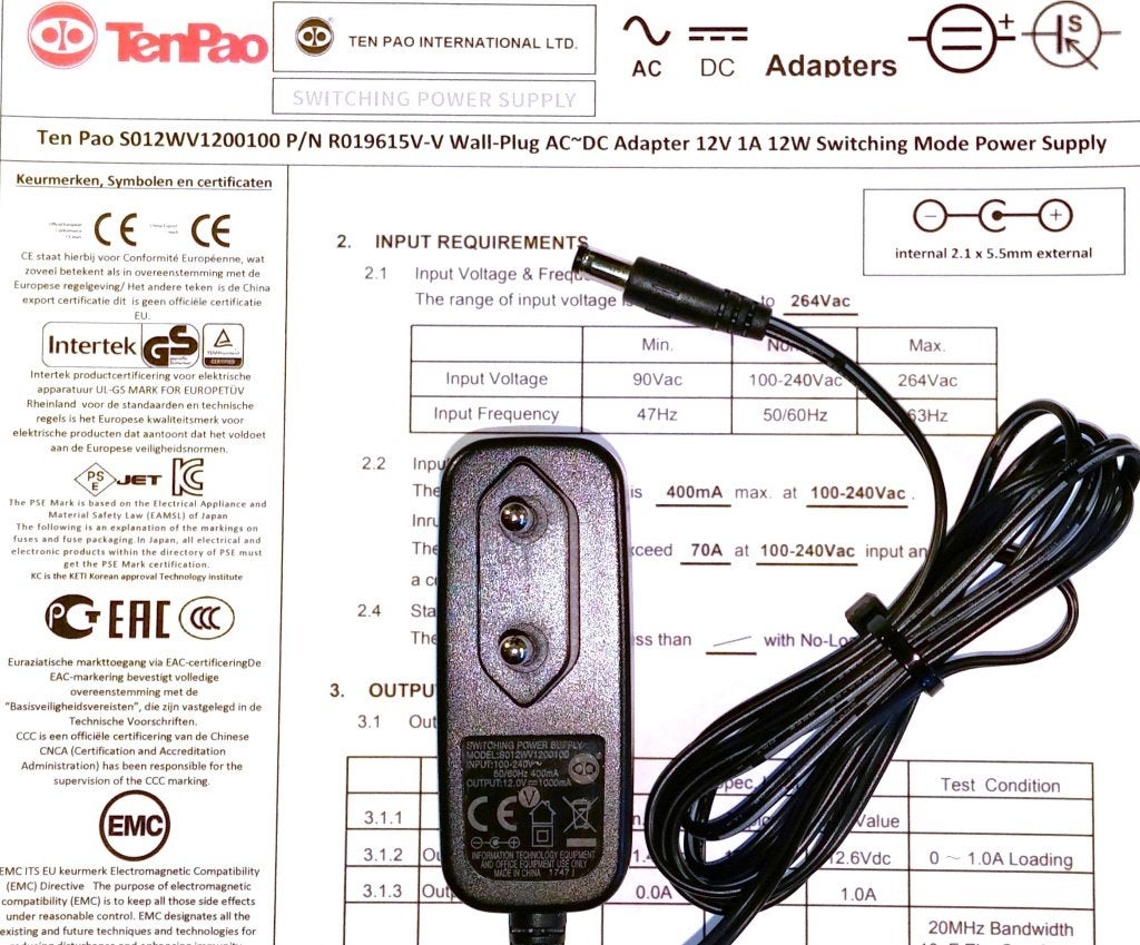 Ten Pao S012WV1200100 12V 1A 12W AC DC Adapter Lader Voeding, Ophalen of Verzenden, Zo goed als nieuw