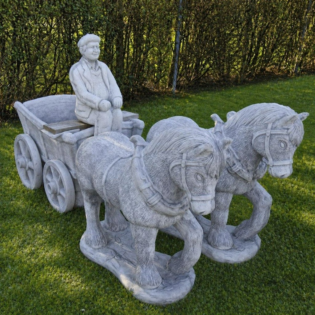 Paard en kar beton tuinbeeld ook losse paarden en wagen, Tuin en Terras, Tuinbeelden, Ophalen, Nieuw, Beton, Dierenbeeld