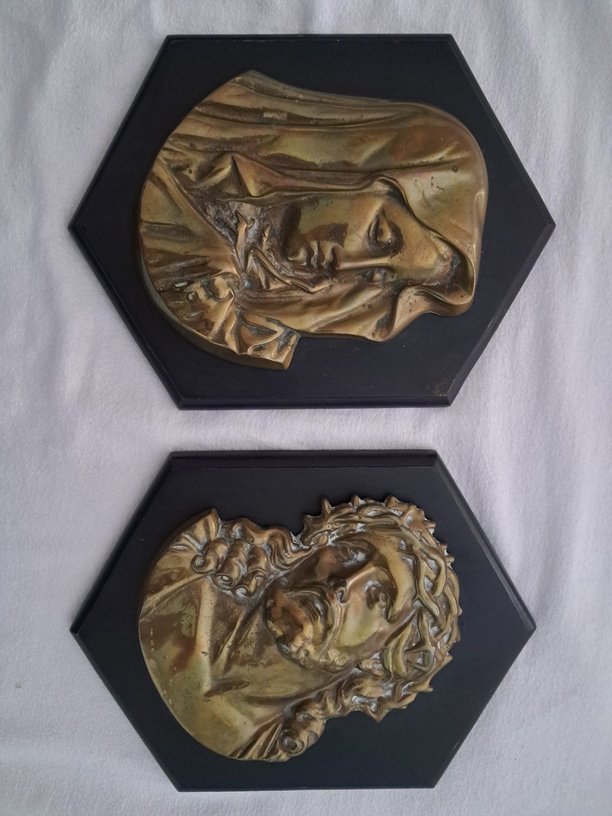 Set van 2 religieuze bronzen plaquettes: Maria en Jezus, Ophalen of Verzenden