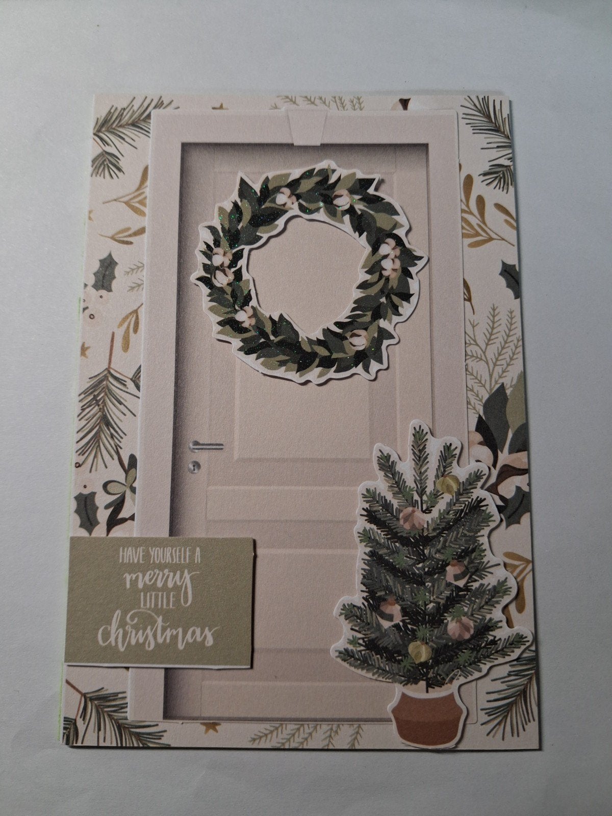 kaart kerst deur met kerstboom, Ophalen of Verzenden, Kerst