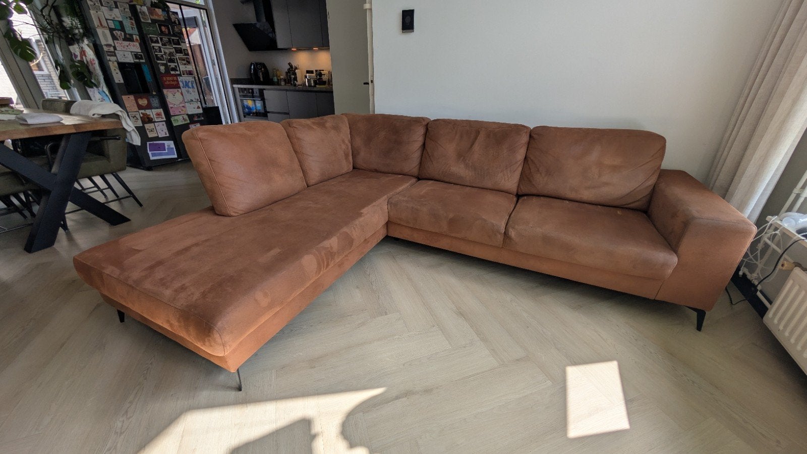 Stijlvolle bruine hoekbank (Caramel), Ophalen, 250 tot 300 cm, Gebruikt, Hoekbank