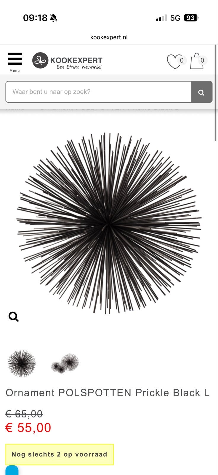 POLSPOTTEN Prickle Ornament Zwart - Ø26 x H26 cm, Huis en Inrichting, Woonaccessoires | Overige, Ophalen, Zwart, Nieuw, Metaal
