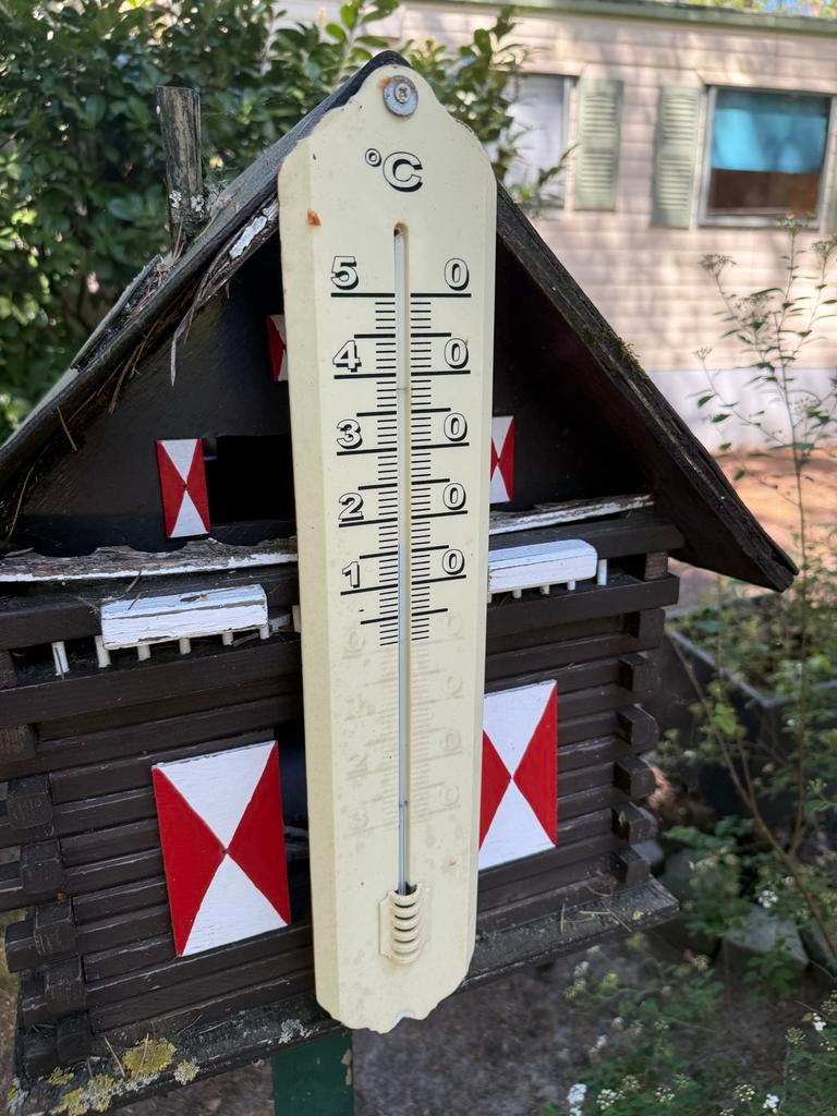 Buitenthermometer in houten huisje, Ophalen of Verzenden, Gebruikt, Buitenthermometer