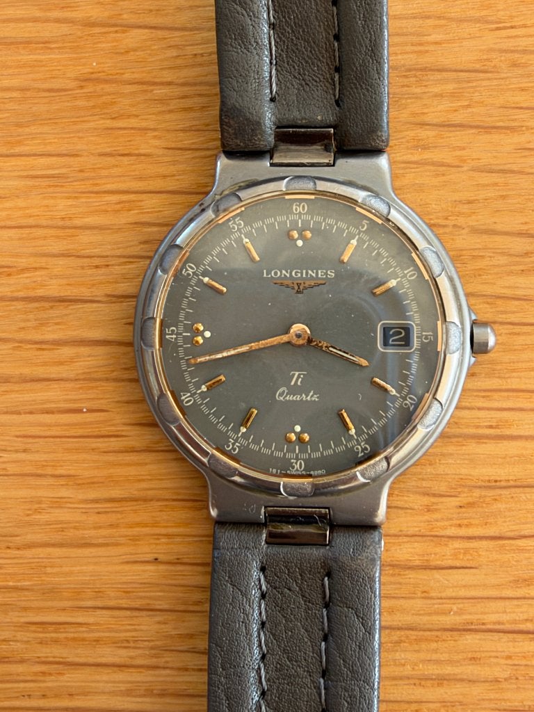 Vintage Longines Conquest Ti Quartz horloge, Overige merken, Overige materialen, Leer, Polshorloge