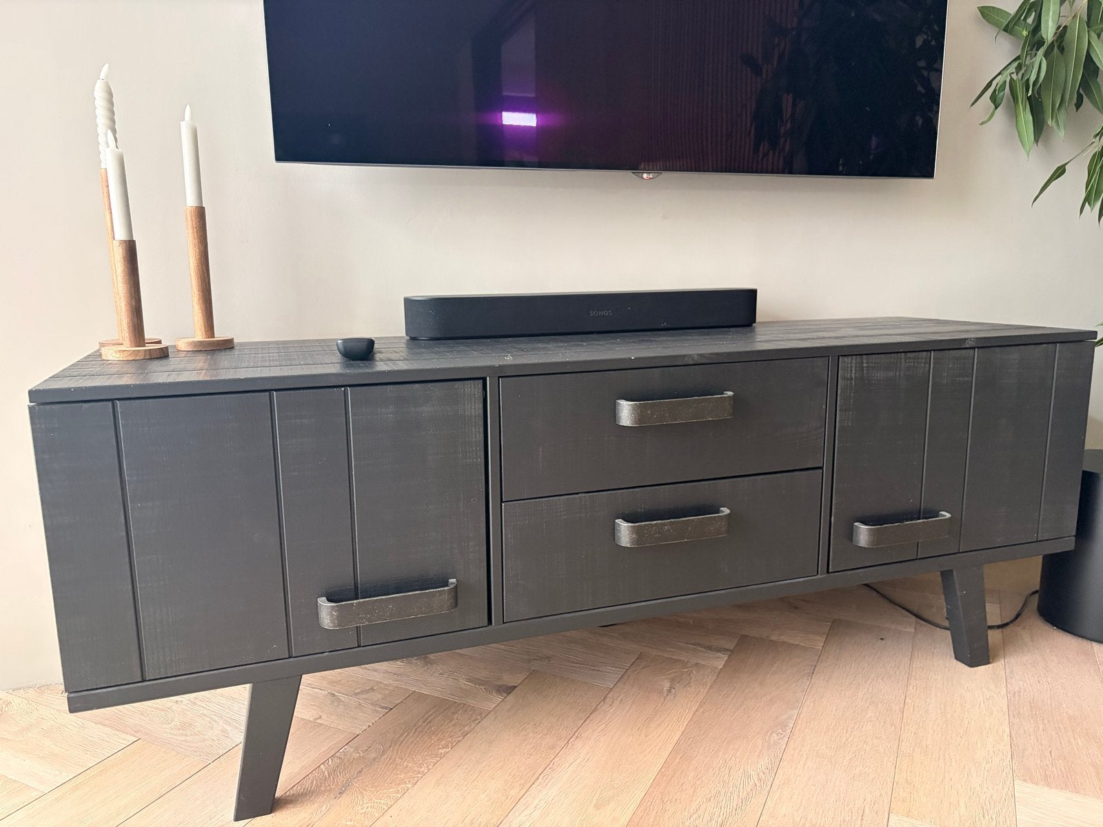 Zwart houten dressoir/tv-meubel met lades en deuren, Ophalen, Gebruikt, 150 tot 200 cm, Minder dan 100 cm
