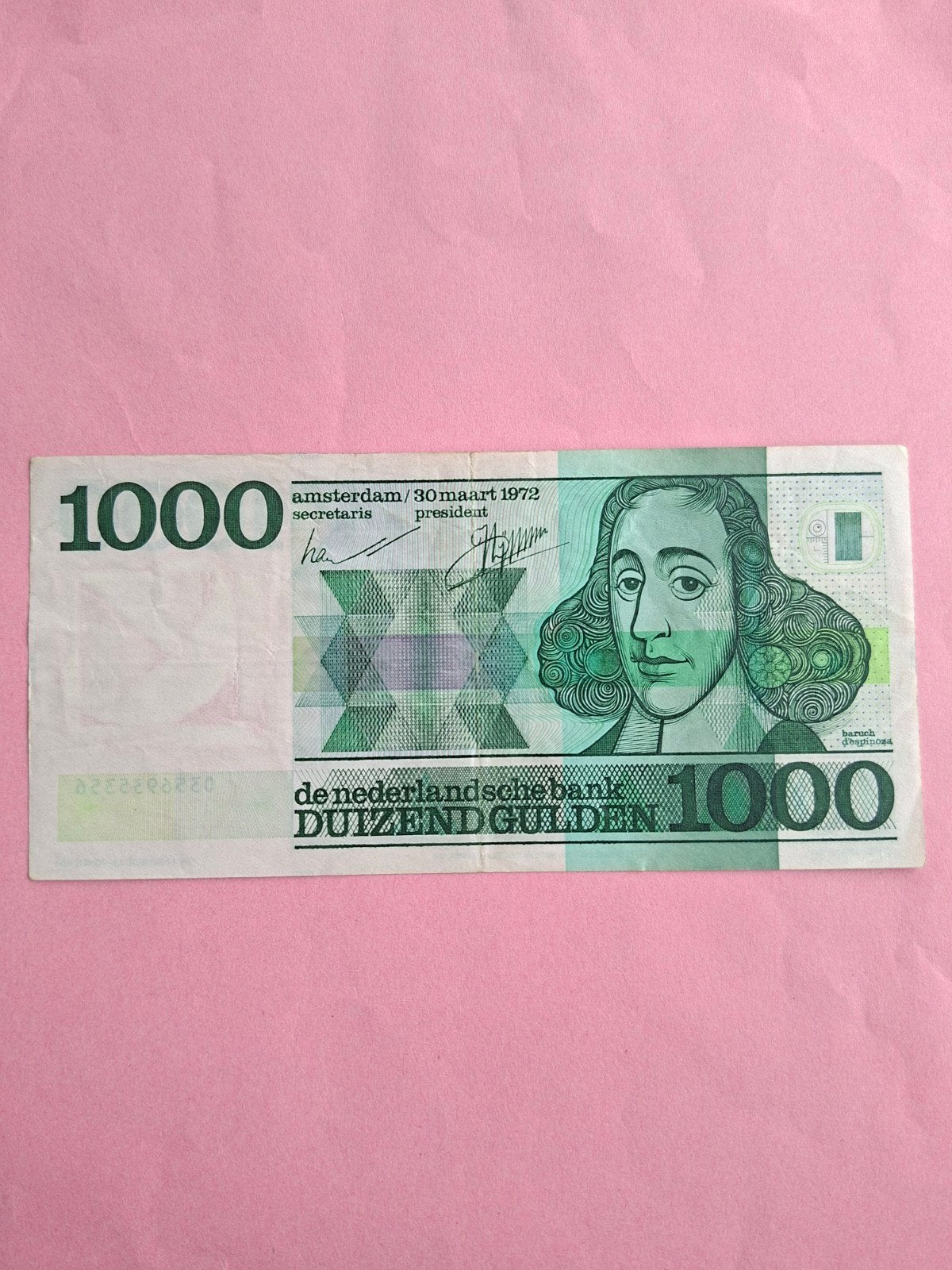 1000 gulden Spinoza 1972 in PR
Serie nummer 0356935356
NVMH, Ophalen of Verzenden, 1000 gulden, Los biljet