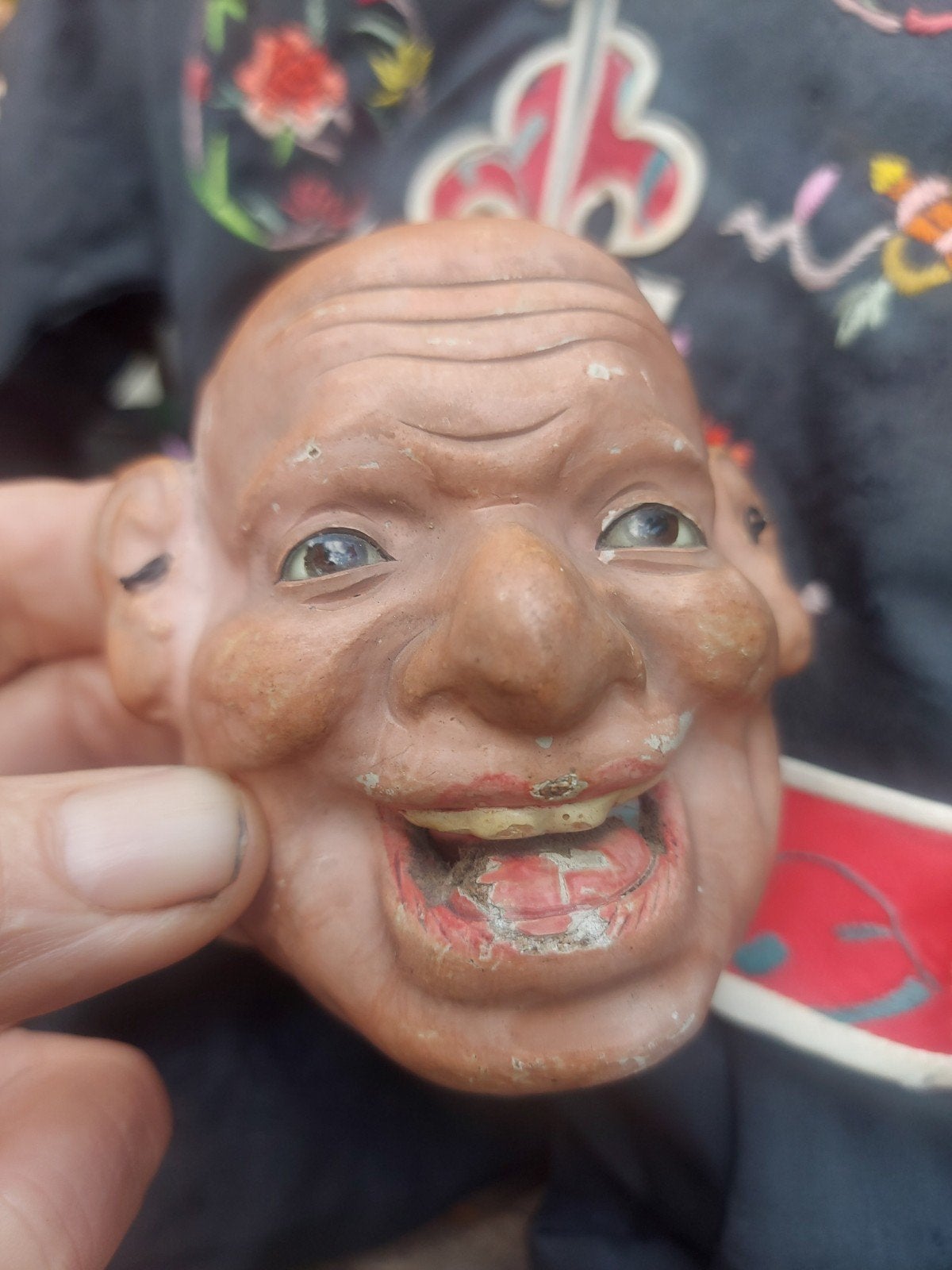 Antiek Chinees miniatuur Noh Masker - Papier-mache,, Hout, Bruin, Masker, Ophalen of Verzenden