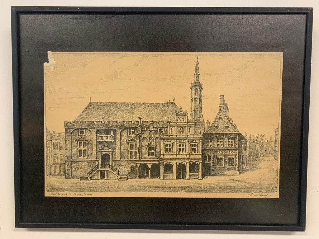 Tekening / Aquarel - Stadhuis Haarlem - Hansbert, Antiek en Kunst, Kunst | Etsen en Gravures, Ophalen of Verzenden