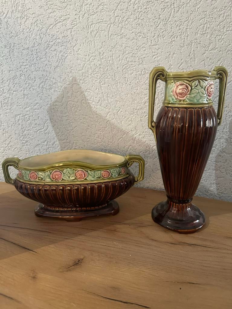 Art Nouveau Majolica Vaas en Jardinière Set, Antiek en Kunst, Antiek | Vazen, Ophalen