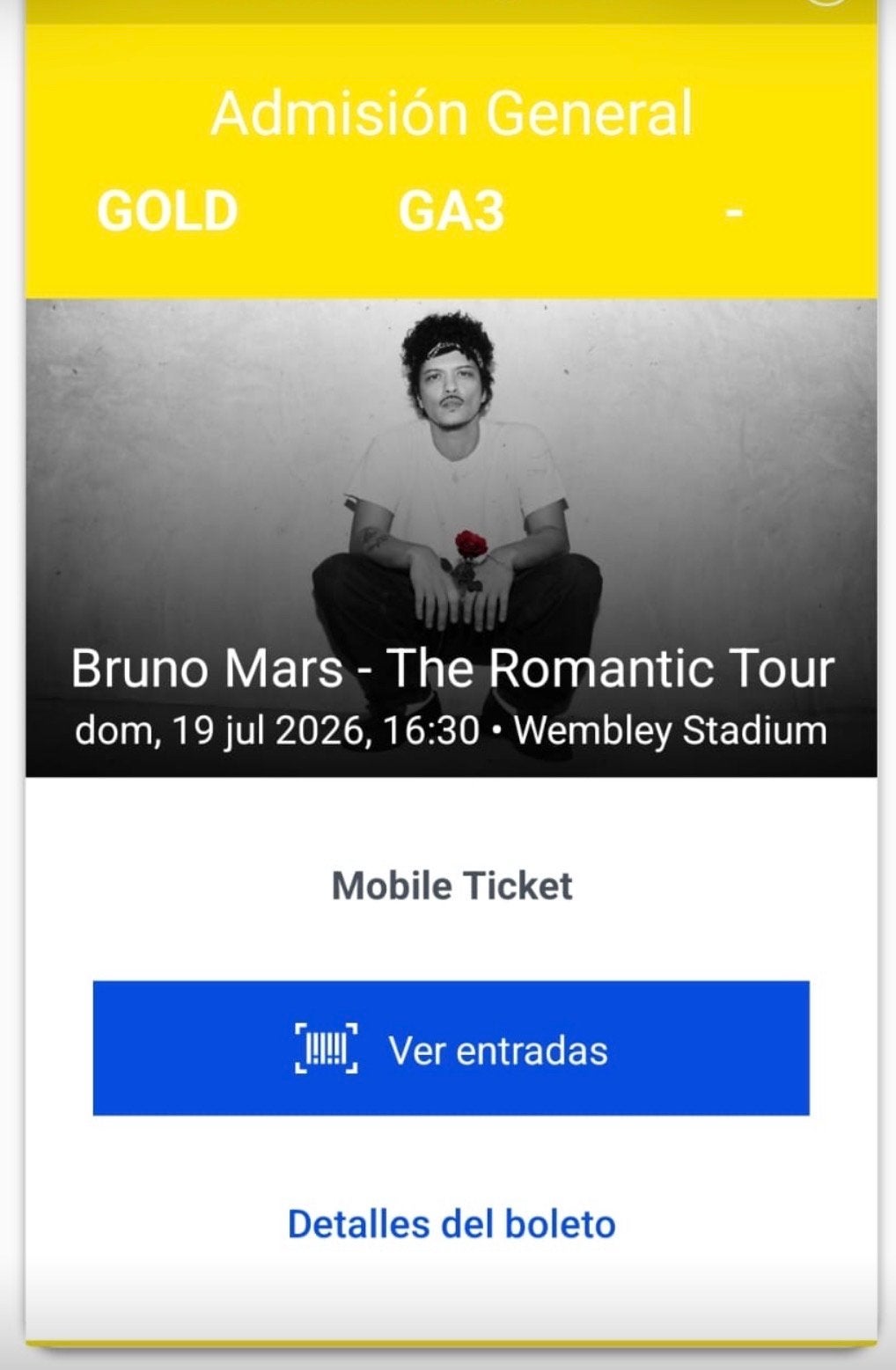 1 Gold Standing-ticket voor Bruno Mars, Tickets en Kaartjes, Eén persoon, Juli