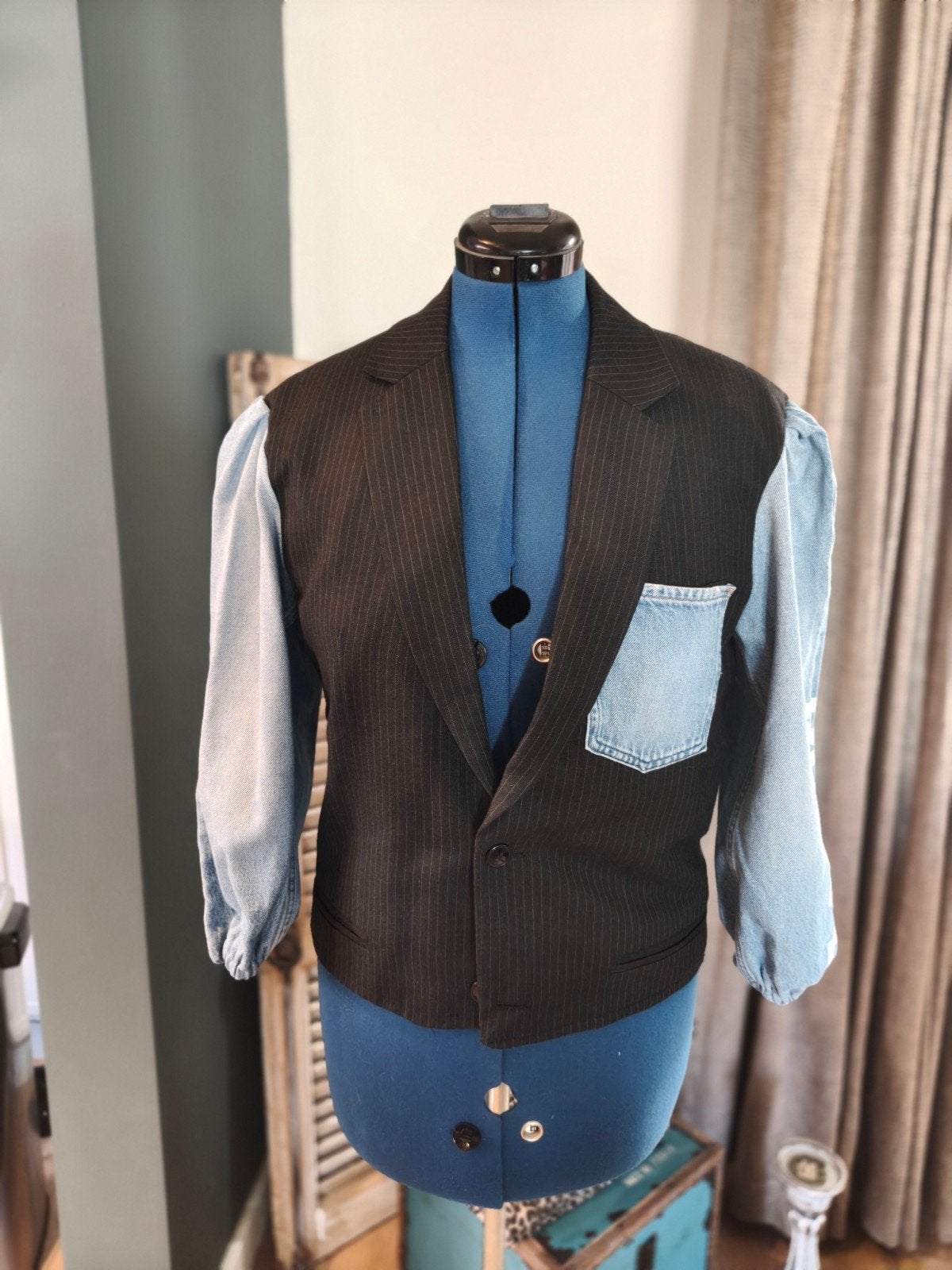 Zelfgemaakte spijkerblazer met 3/4 mouwen, Blauw, Ophalen of Verzenden, Jasje, Handgemaakt