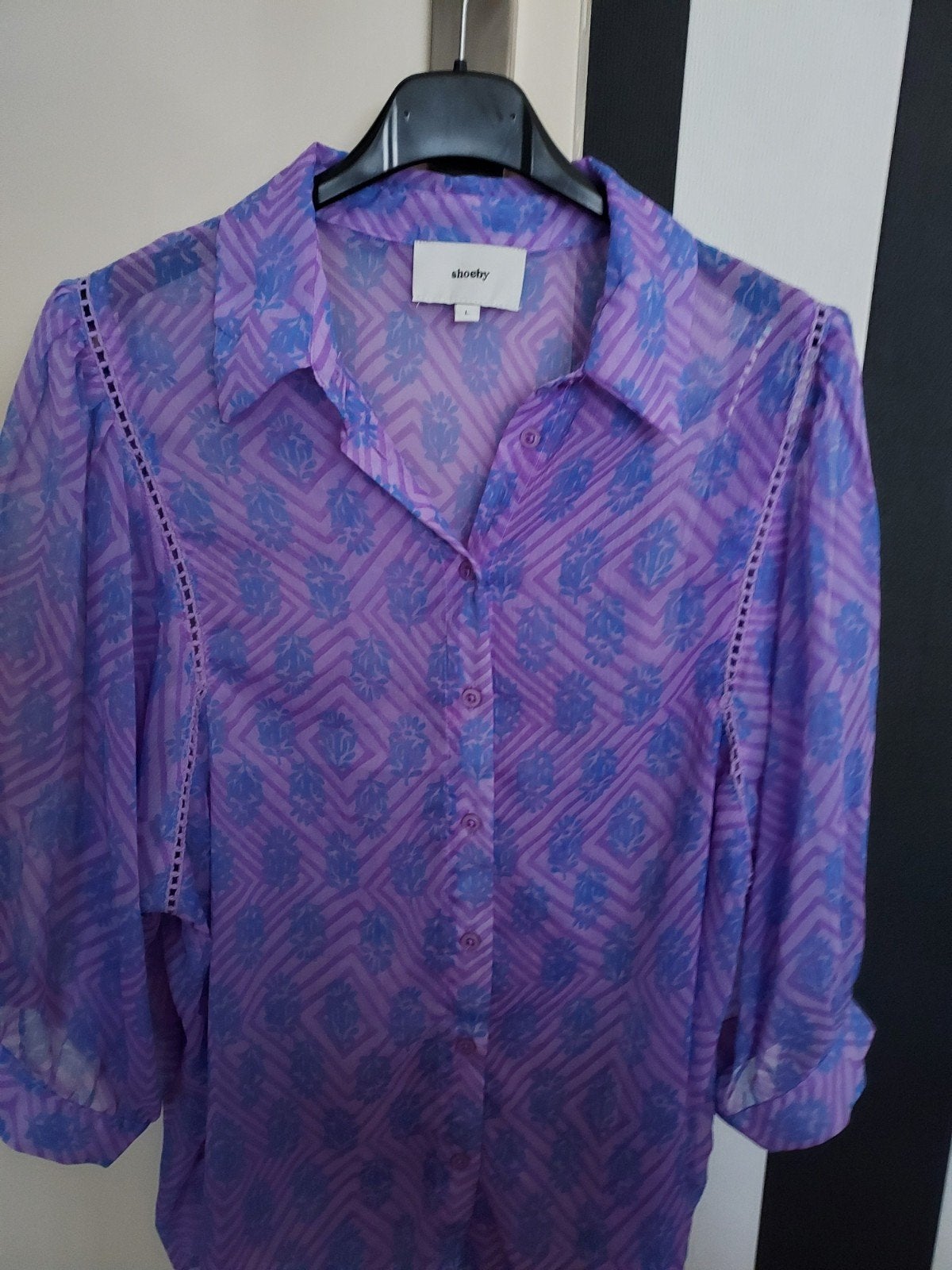Shoeby zomer blouse met paarse en blauwe print, maat L, Paars, Maat 42/44 (L), Ophalen of Verzenden, Zo goed als nieuw