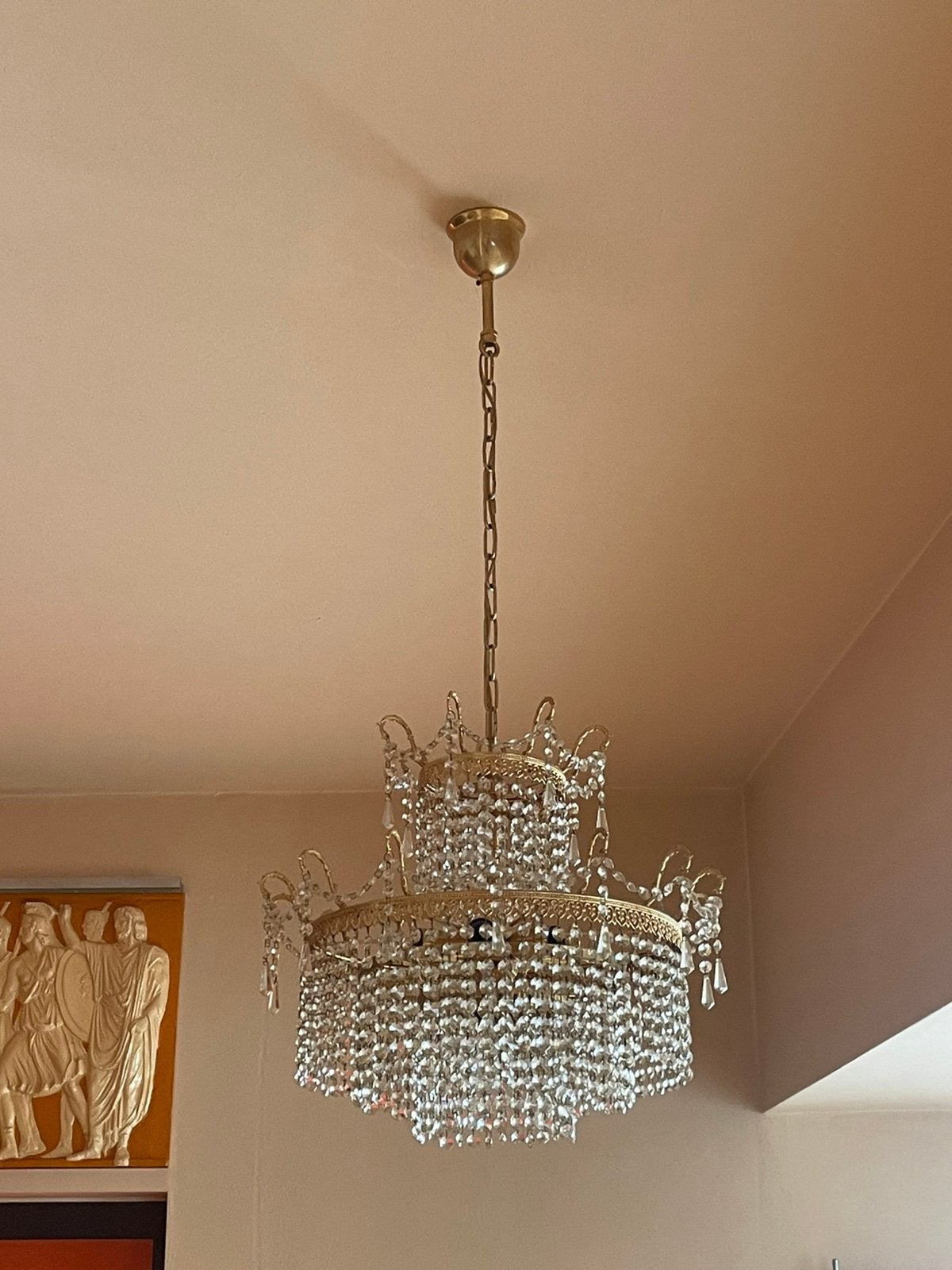 Vintage zakkroonluchter type sac à perle / Empire-stijl, Huis en Inrichting, Ophalen, Gebruikt, Glas