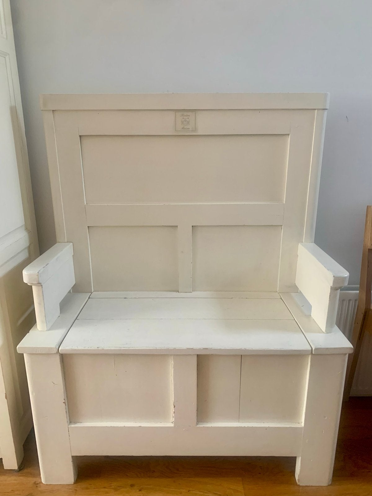 Rivièra Maison houten bankje met opbergruimte, Ophalen, Gebruikt, Wit, Vintage