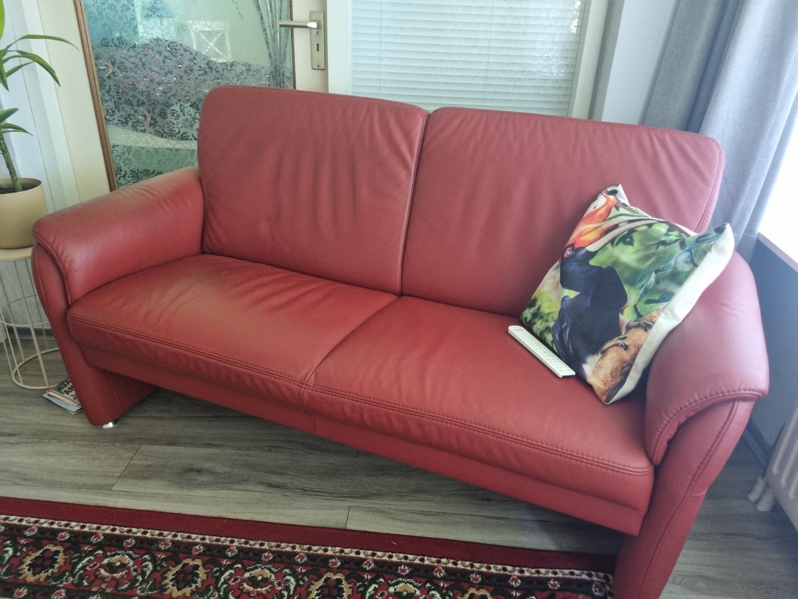 Comfortabele rode leren bank en 2 fauteuil, Huis en Inrichting, Banken | Bankstellen, Ophalen, Gebruikt, 150 tot 200 cm, Modern klassiek