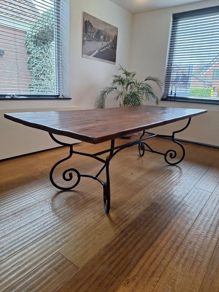 Franse Antieke Eettafel met smeedijzeren onderstel, Ophalen, Rechthoekig, 200 cm of meer, 50 tot 100 cm