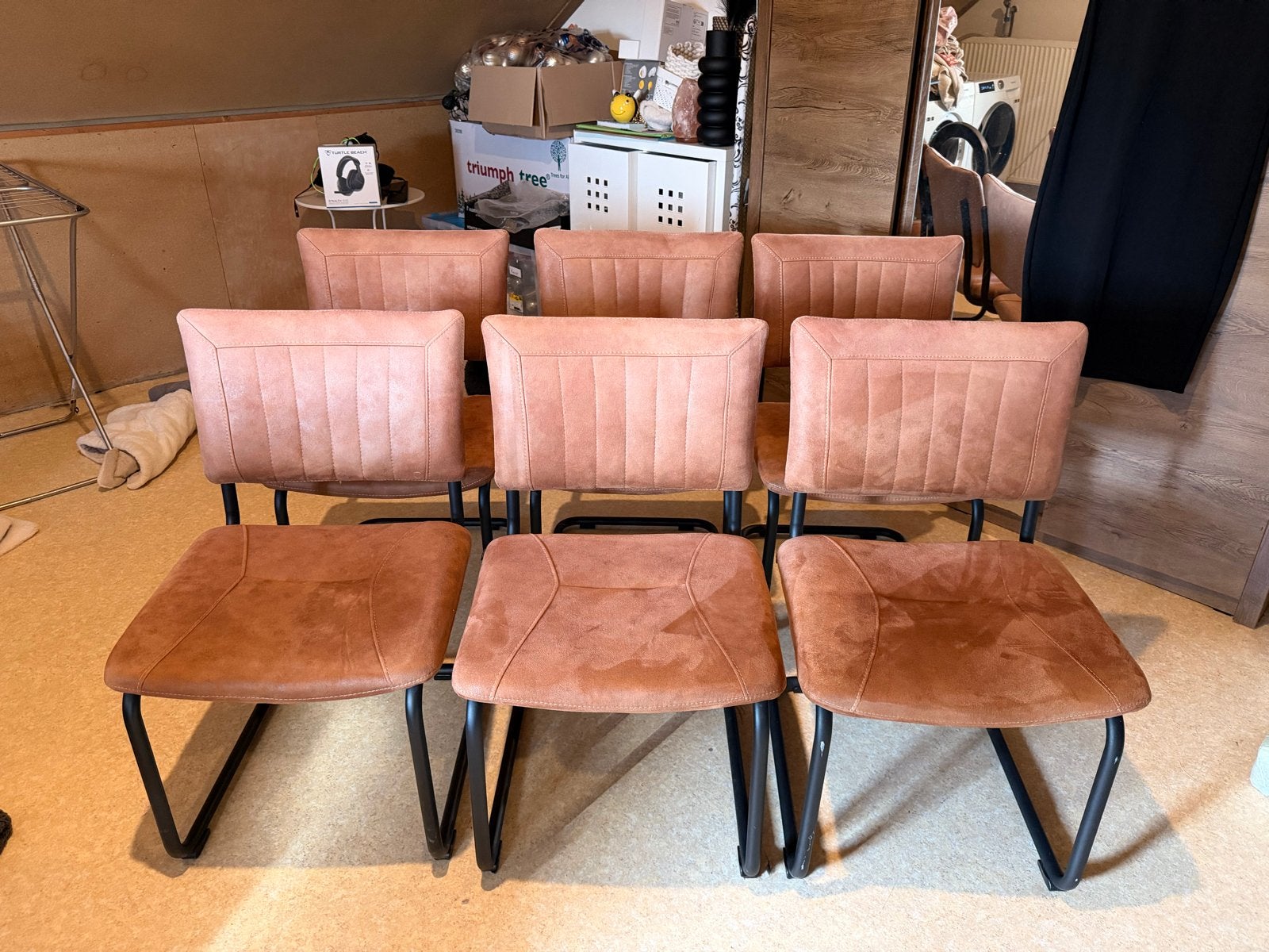 6x Cognac kleurige eetkamerstoelen, Ophalen, Bruin, Zo goed als nieuw, Metaal