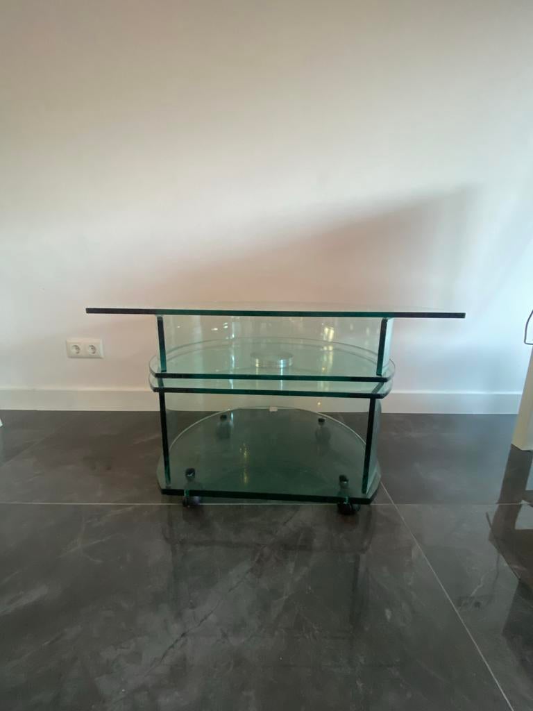Glazen TV meubel met gebogen glas en draaiplateau, Ophalen, Gebruikt, 50 tot 100 cm, Glas