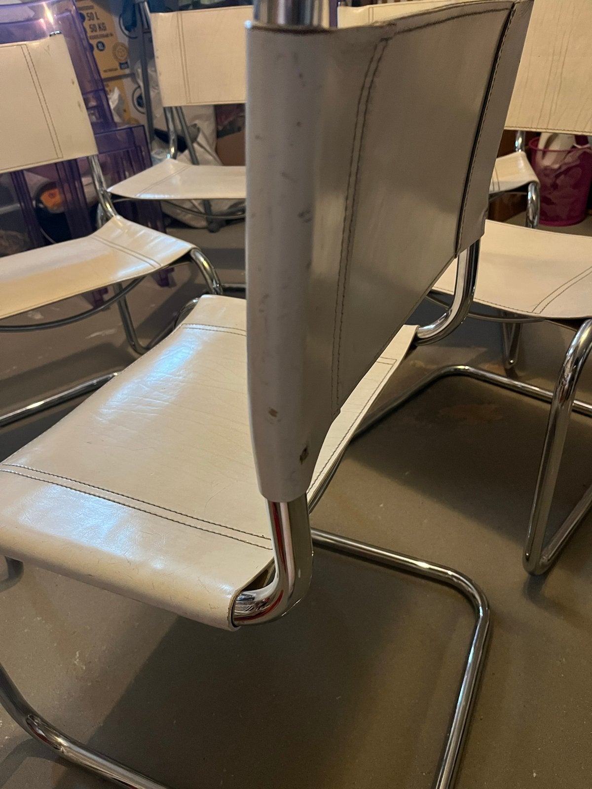 Fasem Mart Stam leren stoelen met buisframe 5 stuks, Huis en Inrichting, Stoelen, Gebruikt, Vijf, Zes of meer stoelen, Leer, Wit