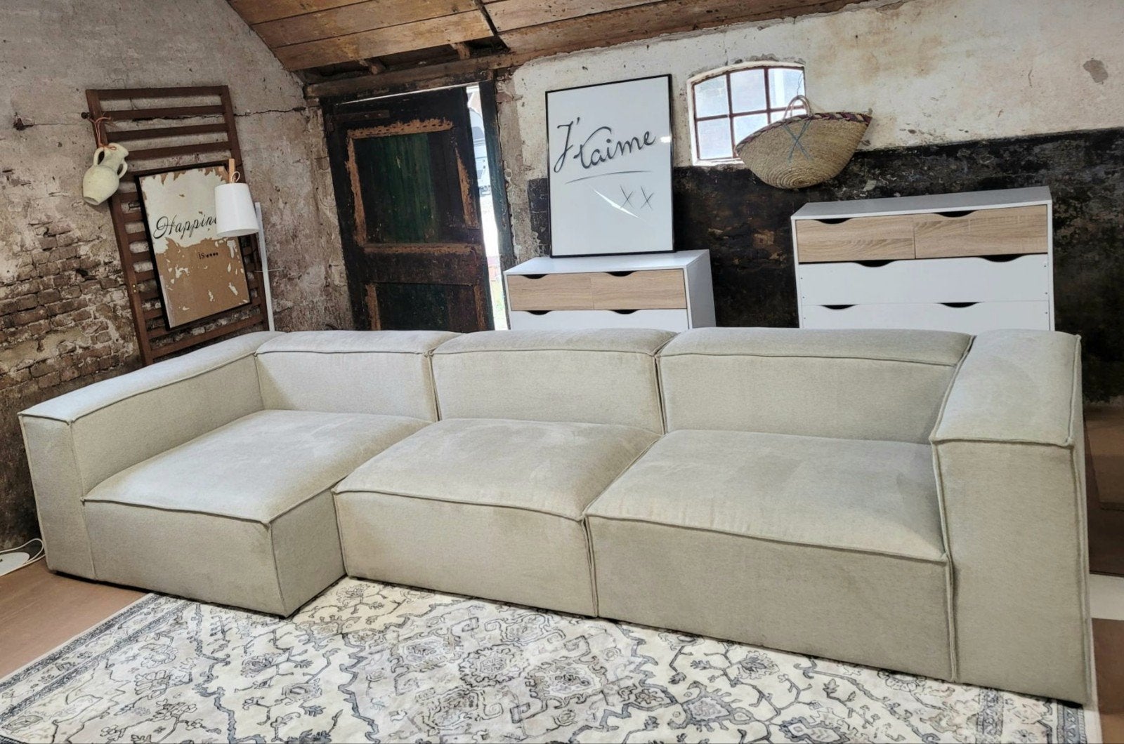 BEIGE ELEMENTEN HOEKBANK MET HOCKER, Huis en Inrichting, Banken | Bankstellen, Ophalen