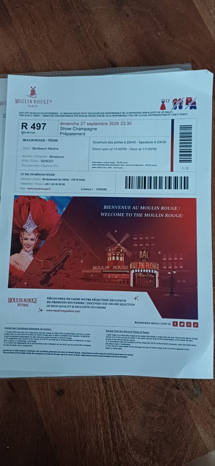tickets Moulin Rouge Parijs zondag avond 27 september, Tickets en Kaartjes, Twee personen