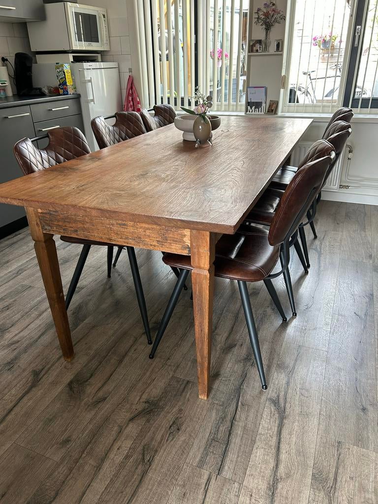 Teakhouten eettafel met 6 stoelen - 206x89x78 cm, Ophalen, Teakhout, 200 cm of meer, 50 tot 100 cm