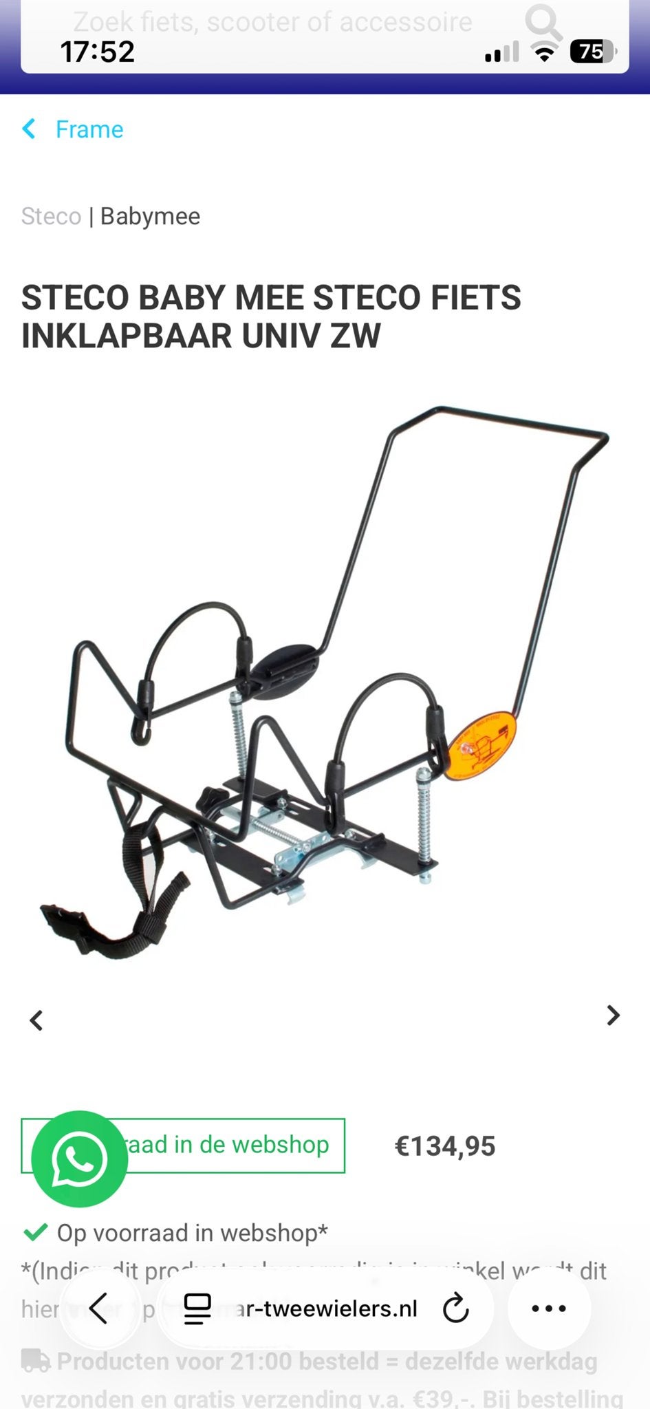 Steco Baby Mee Fietszitje Frame - Inklapbaar Universeel, Ophalen of Verzenden, Nieuw, 9 t/m 18 kg, Achterzitje