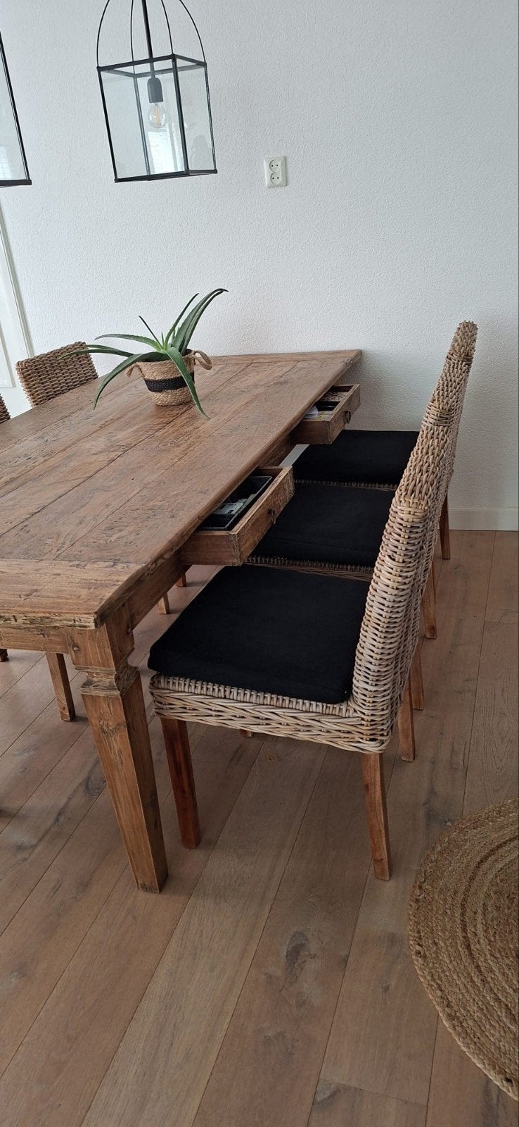 Teakhouten Indonesische tafel 220 x 100 cm + 6 stoelen, Ophalen, Rechthoekig, 200 cm of meer, 100 tot 150 cm