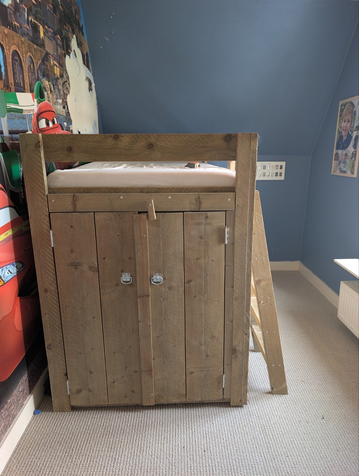 Stevig houten hoogslaper met opbergruimte en lades, Ophalen, Gebruikt, Eenpersoons, Hoogslaper