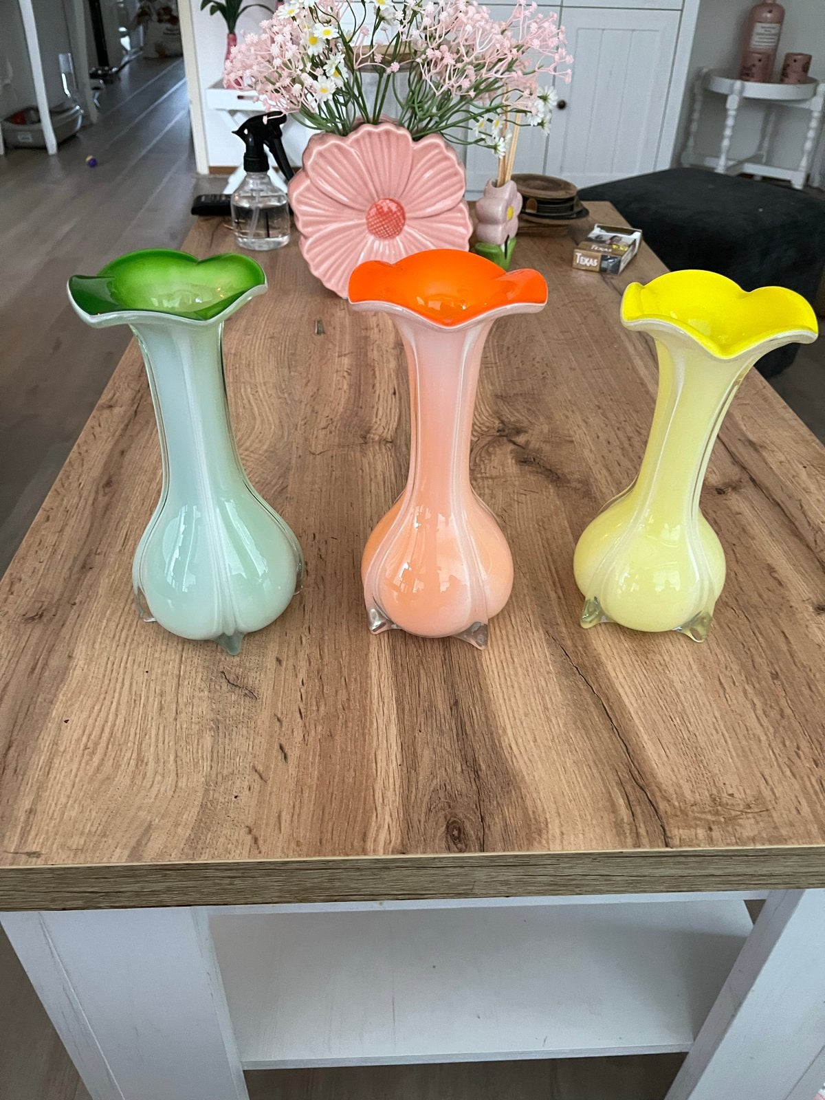 3 Vintage Onbeschadigde Vaasjes - Groen, Oranje, Geel, Ophalen
