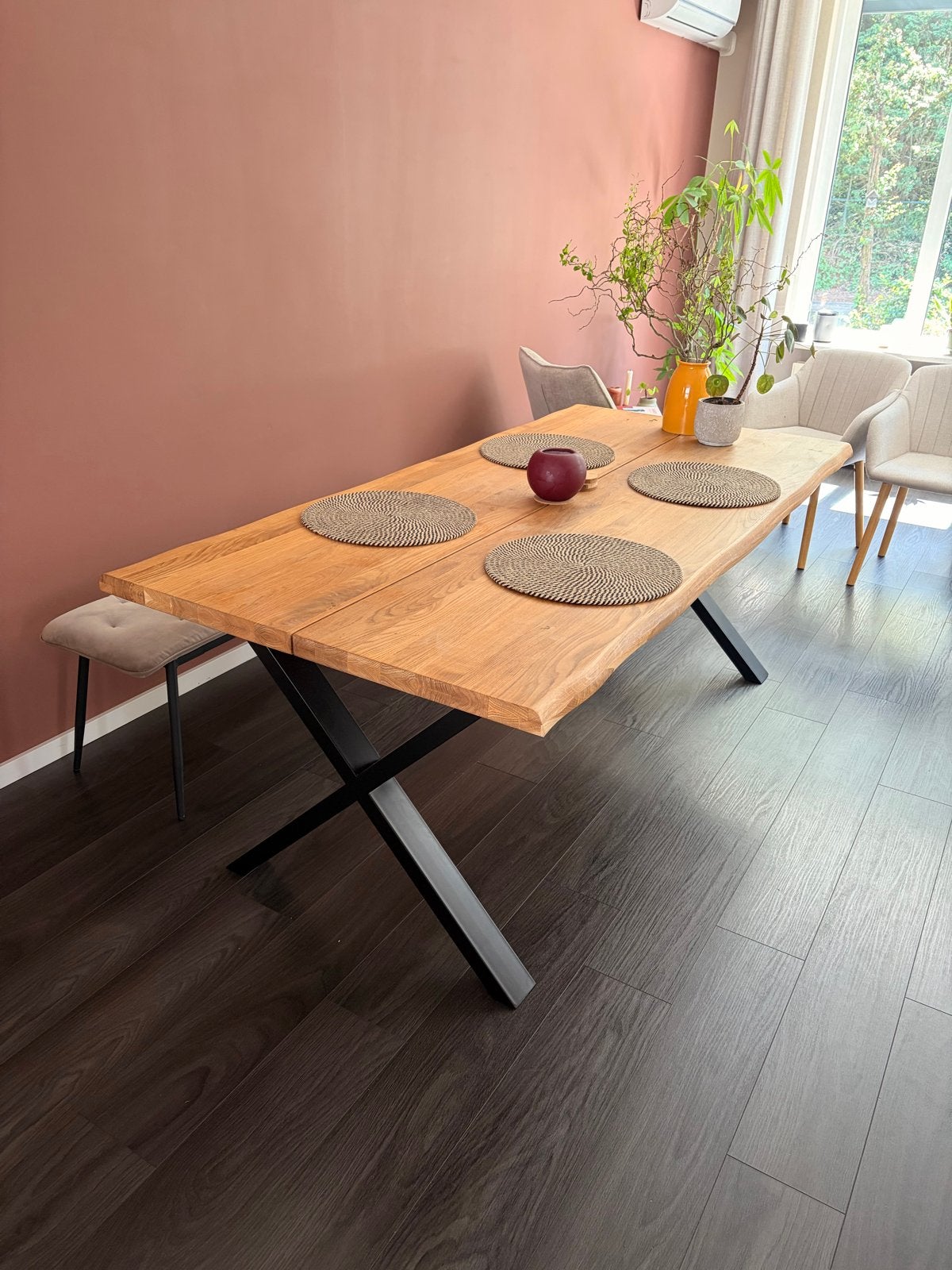 Eettafel ROSLEV 95x200 naturel eiken/zwart, Ophalen, Gebruikt, Eikenhout, 50 tot 100 cm
