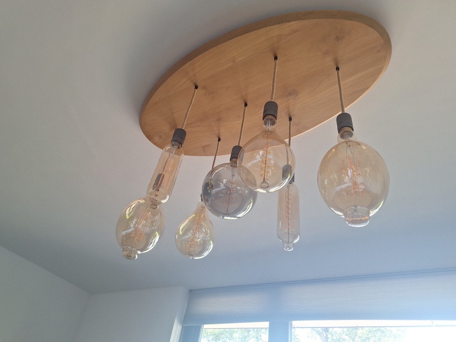 Dimbare hanglampen met handgemaakte eiken plafonnière, Huis en Inrichting, Lampen | Hanglampen, Ophalen, Modern, Industrieel, Landelijk