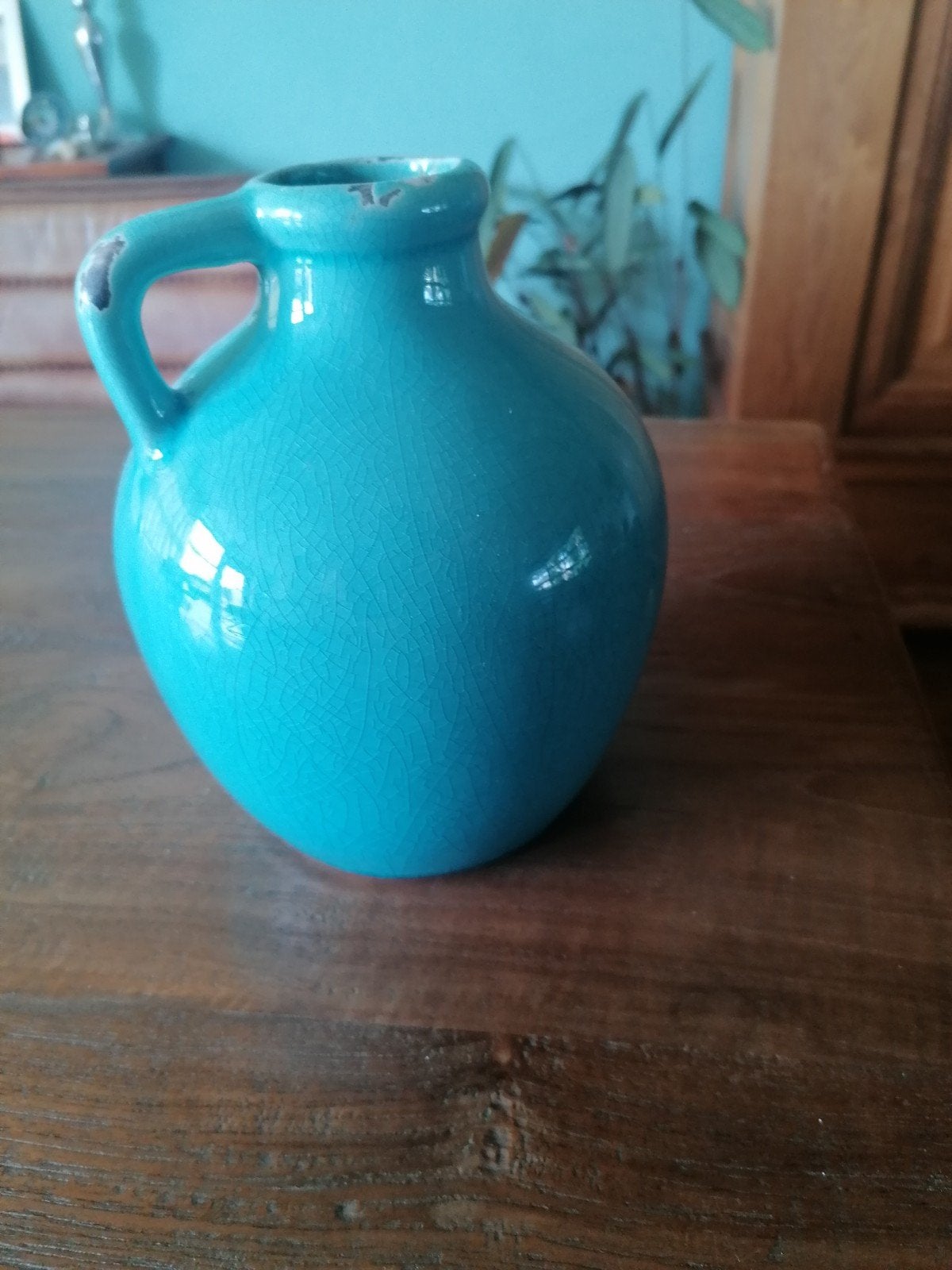 Turquoise Craquelé Vaas met Handvat - Rustieke Stijl, Antiek en Kunst, Ophalen of Verzenden