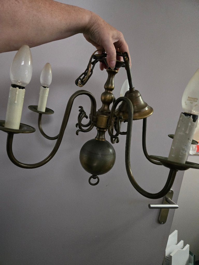 Antieke messing bolkroonluchter 5 arms Ø 50 cm, Antiek en Kunst, Ophalen