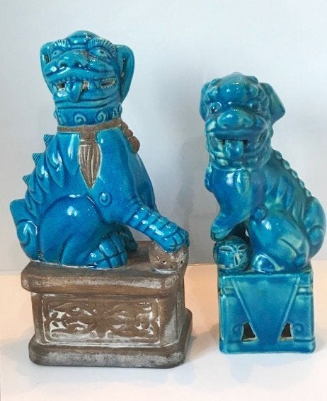 Paar Blauwe Foo Dogs Tempelleeuwen Aziatische Keramiek💑🙏👌, Antiek en Kunst, Blauw, Ophalen of Verzenden, 20 - 50 cm, Overige materialen