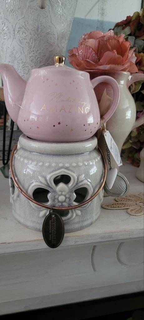 Roze theepot met gouden letters- 'Make today AMAZING', Theepot/fluitketel, Nieuw, Ophalen of Verzenden, Roze