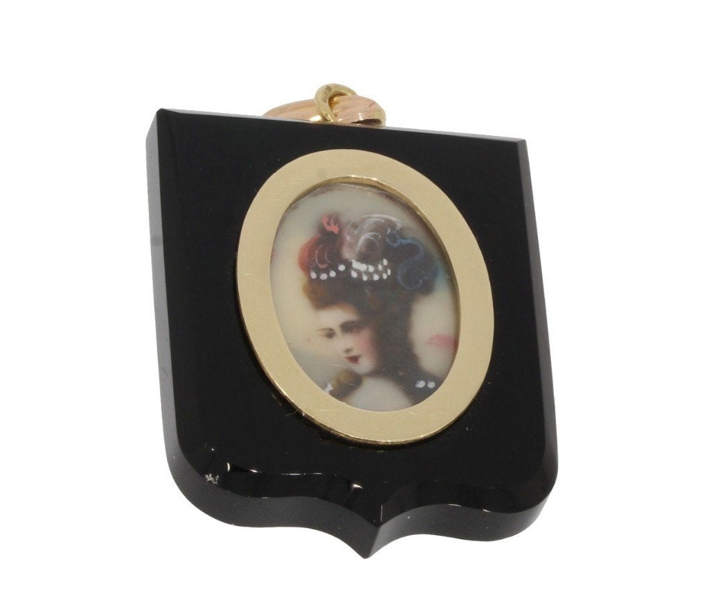 Onyx grote 14k fleur de lis ketting hanger foto medaillon, Ophalen of Verzenden, Goud, Hanger, Met edelsteen