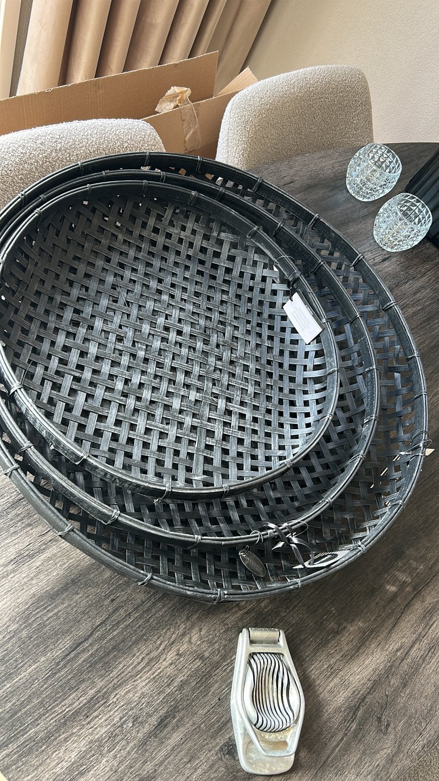 3 nieuwe zwarte schalen /manden bamboe  Ibiza Bali 48-57-65, Ophalen of Verzenden, Zo goed als nieuw, Rond, Overige materialen