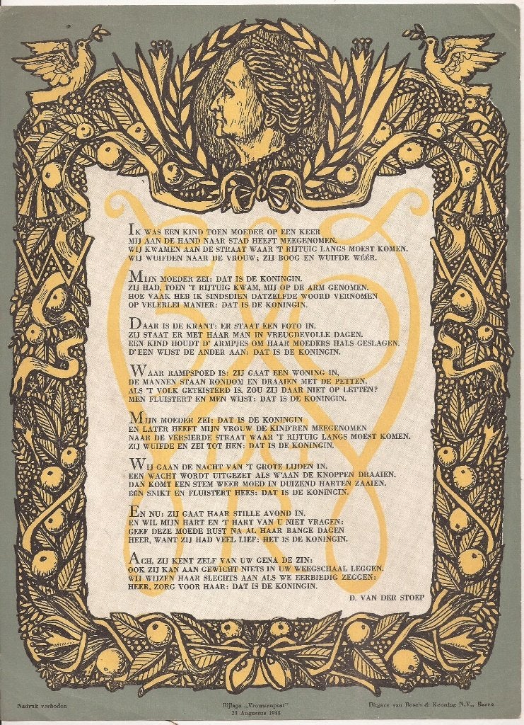 Rijmprent D.van der Stoep afscheid Koningin Wilhelmina 1948, Antiek en Kunst, Kunst | Etsen en Gravures, Origineel, Ophalen of Verzenden