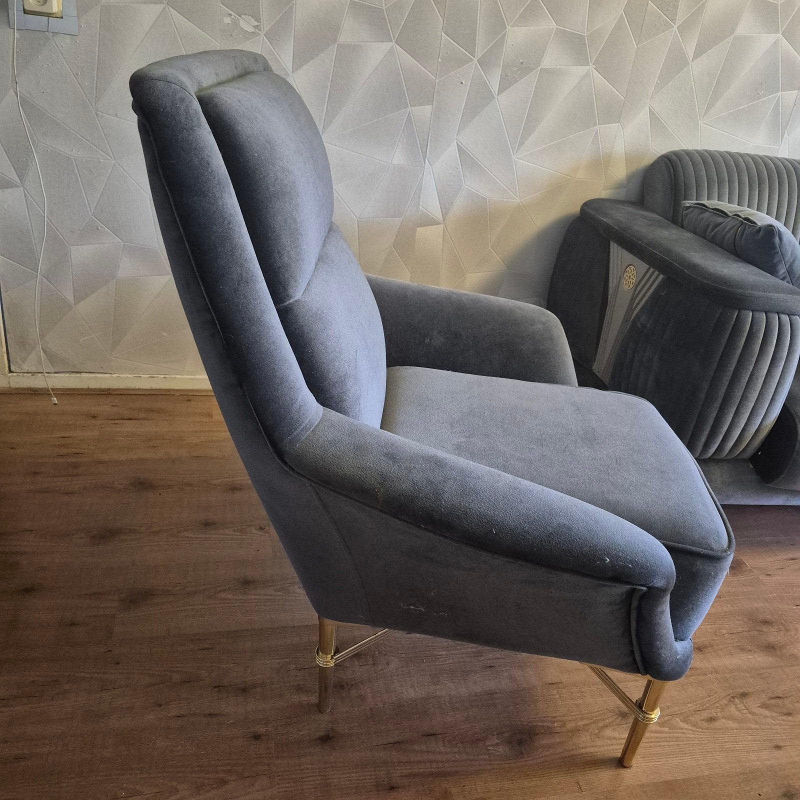 2 Grijze fauteuils met gouden poten, Ophalen, Gebruikt, 75 tot 100 cm, 50 tot 75 cm