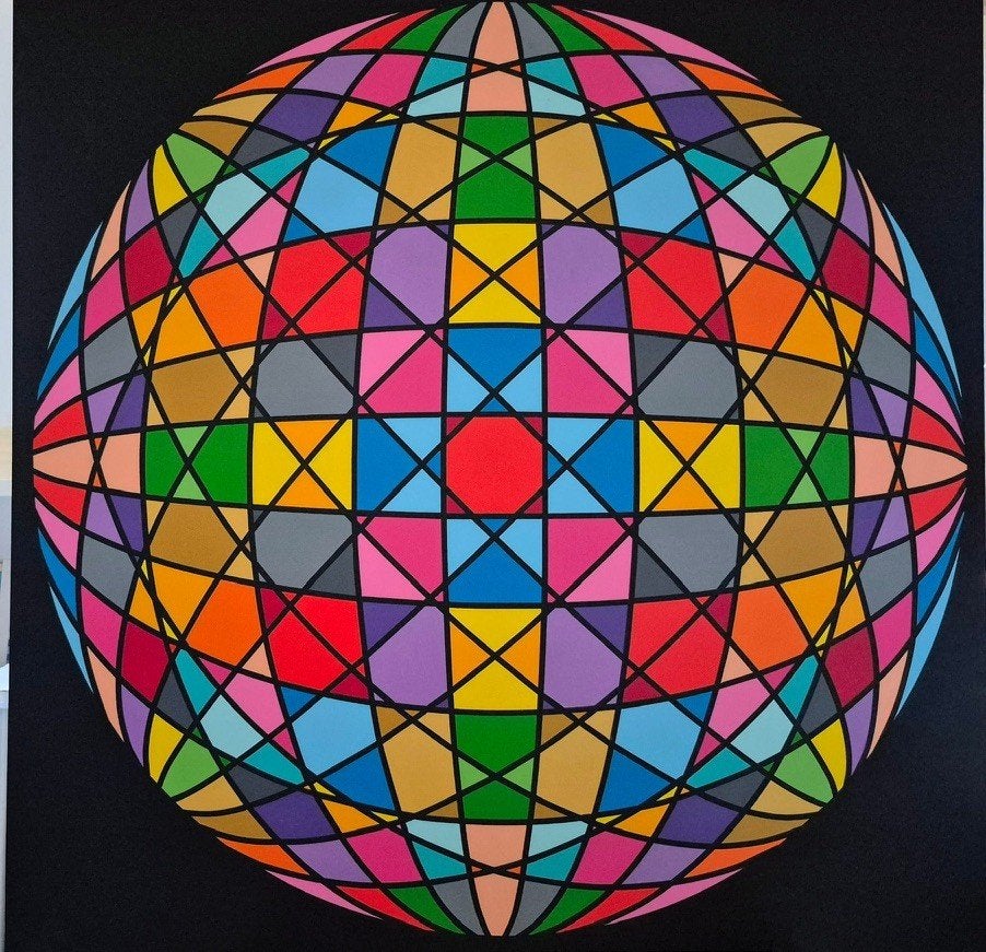 Schilderij Franklin van Dam - Geometrische 3D Bol / Op-Art, Abstract, Acrylverf, Hout, Handgeschilderd
