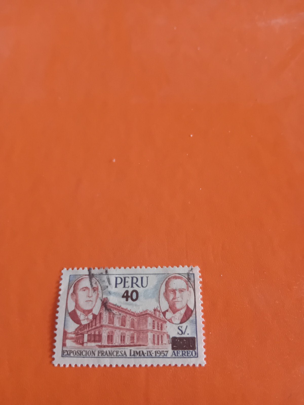 Peru 40 S/. Exposicion Francesa Lima 1957 Aereo postzegel, Verzenden, Gestempeld