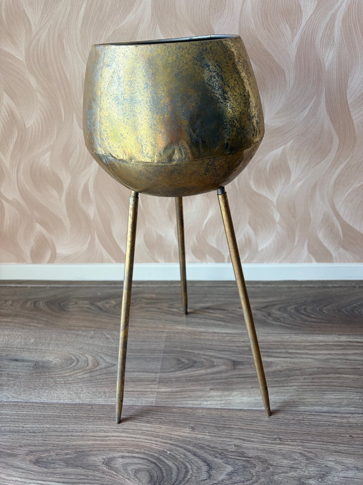 Gouden plantenstandaard met pot, 59 cm hoog, Tuin en Terras, Ophalen, Rond, Binnen, Zo goed als nieuw