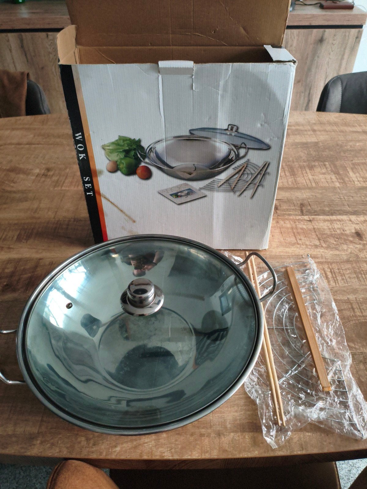 Wokset - RVS wokpan met deksel en accessoires, Zilver, Ophalen of Verzenden, Metaal, Overige typen