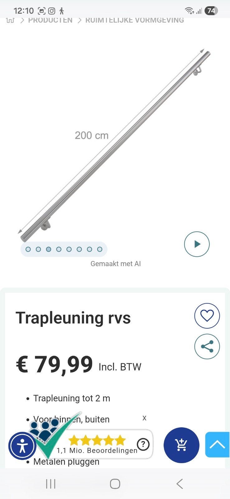 trapleuning 200 cm rvs nieuw, Ophalen, Nieuw, 2 tot 4 meter